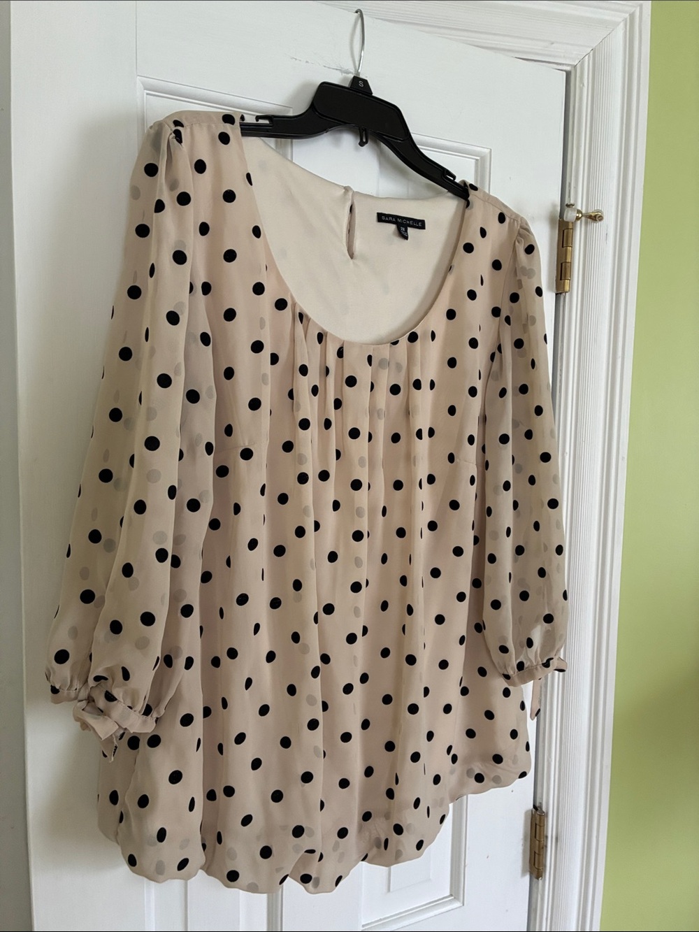 Sara Michelle Beige and Black Polka Dot Blouse - Scoop Neck, 3/4 Sleeve - Picture 6 of 7